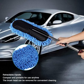Terisass Car Duster Mango retráctil de acero inoxidable Cepillo de limpieza del vehículo Kit de plumero Lavable Automóvil Herramienta de arrastre de polvo de ventana extensible Universal(Azul)