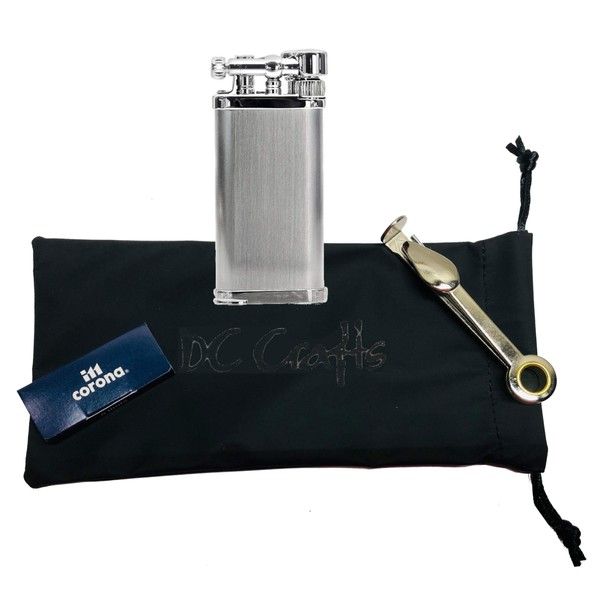 IM Corona Old Boy Pipe Lighter - Includes DC Crafts Pipe Bag, Czech Pipe Tool, & 5 Pack of Flints - (Hairlines Chrome)