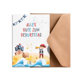 Geburtstagskarte Kinder Piraten – A6 Postkarte mit Umschlag – Piratenschiff, Schatztruhe & Junge mit Fernrohr – lustige Glückwunschkarte Jungen & Mädchen – Kindergeburtstag Grußkarte