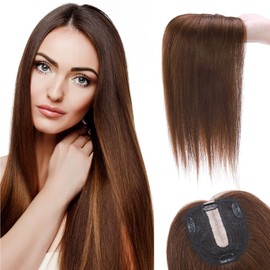 Silk-co Hair Topper Real Hair, 10 x 12 cm Base Toupee Women, Hair Topper Real Hair with Remy Silk Base, Hair Topper Clip-In Hairpiece Extensions, 25 cm 04# Medium Brown