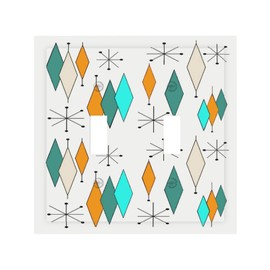 Blue/Green/Orange Modern Retro Abstract Atomic Art Double Toggle Wall Plate Funny 1960s Mid Century Geometric Plaid Decorative 2-Gang Light Switch Cover Electrical Receptacle Outlet Face Plate Cover