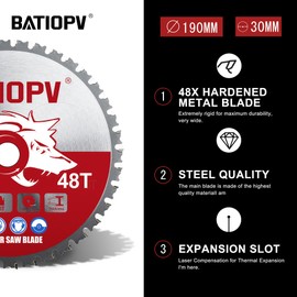 BATIOPV Circular Saw Blade 190 x 30 mm for Metal, Steel & Aluminium - Metal Saw Blade 190 x 30 mm Made of High-Quality Carbide, with Bosch, Makita, Einhell & More - Precise & Durable