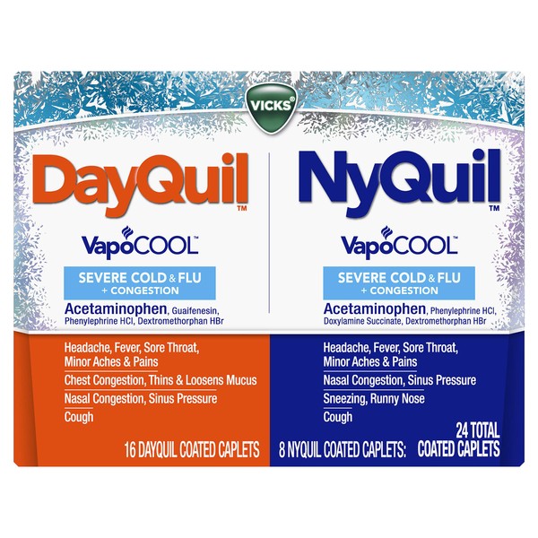 DayQuil and NyQuil SEVERE with Vicks VapoCOOL, Cough, Cold & Flu Relief Combo Pack, 24 Caplets (16 Dayquil, 8 Nyquil) - Sore Throat, Fever, and Congestion Relief