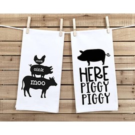 Set of 2 Farmhouse Style Flour Sack Towels Cluck Oink Moo Here Piggy Kitchen Hand Tea Dish Towel Rustic Black White Gift for Farmer Dad Mom Men Women Wife Husband Family