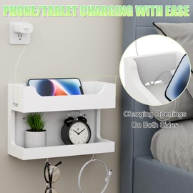 NiHome Wall Mounted Wooden Bedside Accessories Organizer, Double Tray Bedside Wall Storage Shelf Rack with Magnetic Hooks,Bedroom Dorm RV Wall Caddy Holder for Phone Glasses Alarm Clock Remote (White)