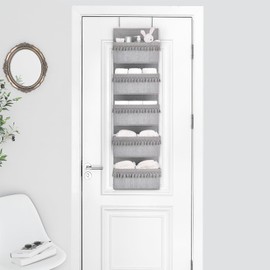 Dahey Over The Door Organizer Boho Nursery Storage Decor Closet Hanging Organizer with Tassels Decoration for Bedroom Nursery Bathroom Apartments Dorm Pantry, 5 Pockets, Grey