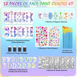 Yazhiji Kit de 58 plantillas de pintura facial. Incluye 36 plantillas reutilizables, 6 hojas de pegatinas para tatuajes, 10 pinceles, 2 gemas adhesivas y 4 esponjas para maquillaje de Halloween, festi