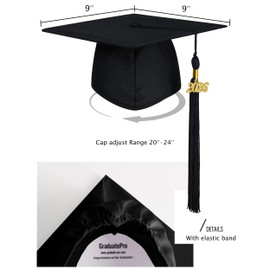 GraduatePro Matte Graduation Cap and Gown Class of 2025 Set Bulk with Tassel for High School & College Black 54