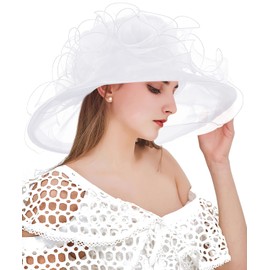 ELLYDOOR Women Organza Fascinator Hats for Wedding Cocktail Fancy Floral Derby Church Hat Wide Brim Sun Caps White