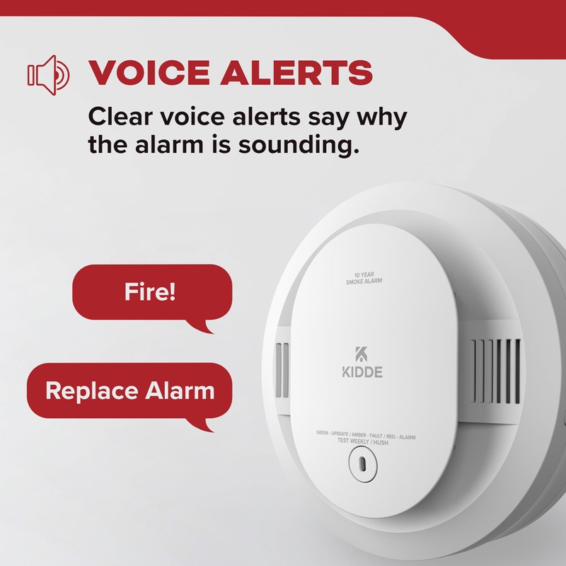 Kidde Smoke Detector, 10-Year Battery Powered, Voice Alerts, LED Warning