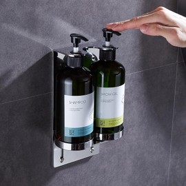 Wall-Mounted 2-Bottle Soap Dispenser Screw-on Lift Adjustable Leak-Proof Press-on Shampoo Conditioner Shower Gel Pump Soap Dispenser for Hotels, Bathrooms and Toilets Stainless Steel Glossy Finish