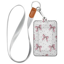 YETTASBIN Bow Pink ID Badge Holder with Removable Lanyard, Vertical PU Leather Cards Holder with 1 Clear ID Window and 2 Cards Slot for Office and School