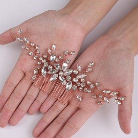 Teyglen Silver Rhinestone Wedding Hair Comb Flower Headpiece for Bride Side Comb Bridal Crystal Hair Piece Hair Accessories for Women (Rose gold)