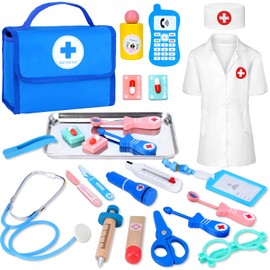 TGTT Children's Wooden Doctor's Case, Children's Toy from 3 Years, Doctor Case Children with Real Stethoscope, Thermometer, Syringe, Doctor's Bag and Doctor's Coat, Gift for Children Toy from 2 3 4 5