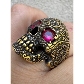 Italiano Silver, Inc. Calavera Day Of Dead Sugar Skull & Roses Ring W. Eyes 14k Gold Over 925 Silver - 12