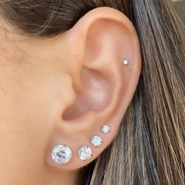 925 Sterling Silver Stud Earrings Set 6 Pairs 3mm 4mm 5mm 6mm 7mm 8mm Cubic Zirconia Stud Earrings Multipack CZ Ear Studs Multiple Piercings For Men Women Hypoallergenic