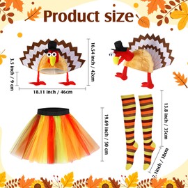 4 Pcs Thanksgiving Turkey Costumes Set for Women Turkey Face T Shirt Tutu Skirt Knee High Socks Gobbler Hats (Medium) Brown
