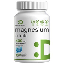 Magnesium Citrate 400mg Per Serving, 300 Veggie Capsules – Chelated, Easily Absorbed, Purified Trace Mineral – Muscle, Heart, & Digestive Support – Non-GMO