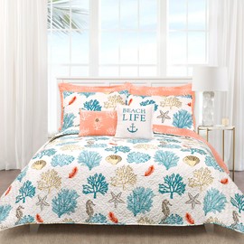 Lush Decor Coastal Reef Feather Reversible Quilt Set, 7 Piece Set Full/ Queen Blue & Coral - Queen Bedding Set Quilted - Coastal Decor - Beach House - Beachy Room