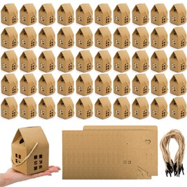 ZAVOOS 50 Pack House Shaped Gift Boxes, Kraft Paper Treat Box with Ropes for Party Favor, Small Decorative Candy Packing Boxes Bulk for Wedding, Housewarming, Birthday, 3.2'' x 3.2'' x 5''