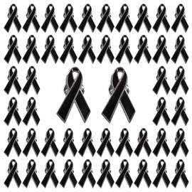 WANDIC Black Ribbon Pins, 50 Pcs 1.18 * 0.7inch Silver Back Black Brooches Classic Melanoma Awareness Pins Premium Ribbon Brooch Badges for Mourning Remembrance Day Gifts