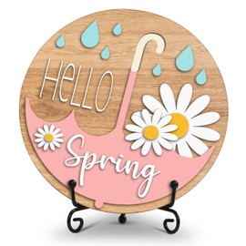 ISOVF Hello Spring Desk Decor, Rustic Floral Spring Wood Plaque with Stand, Spring Decorations for Home, Gifts for Her Friends Women Coworker, 6 inches - B02