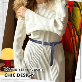 VONMELLI Thin Belts for Women Skinny Leather Navy Belt Women for Dress Jeans Fashion Waist Belt with Sliver Buckle, L