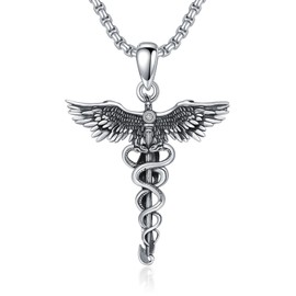 ROMANTIC WORK Caduceus Necklace 925 Sterling Silver Phoenix Medical Nurse Necklace Asclepios Pendant Nursing Graduation Jewellery Gift for Men and Women, Sterling Silver