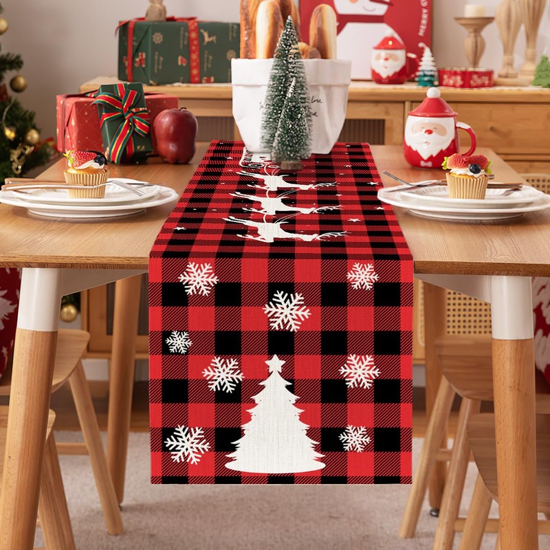 Table Runner Christmas Red, FUKPO Linen Christmas Table Runner Winter