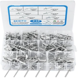 Besitu 210Pcs Pop Rivets Assortment Kit, 1/8" 3/16" 1/4" Large Flange Solid Rivets Set Aluminum Grip Stainless Steel Mandrel Blind Rivets for Metal Heavy Duty