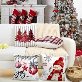 Miaikoe Christmas Cushion Covers 50x50 cm Set of 4, Decorative Farmhouse Snowman Joy Believe Christmas Tree Red Pillow Covers for Winter Holiday Home Decor Decoration