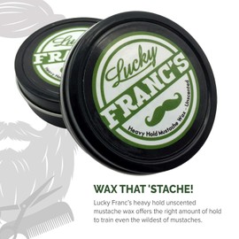 Lucky Franc's Unscented Mustache Wax: Classic Strong Hold Moustache and Beard Wax - All Natural and Scent Free Formula with Beeswax and Coconut Oil. USA Made Moustache Styling Wax for Men. 2 Ounces