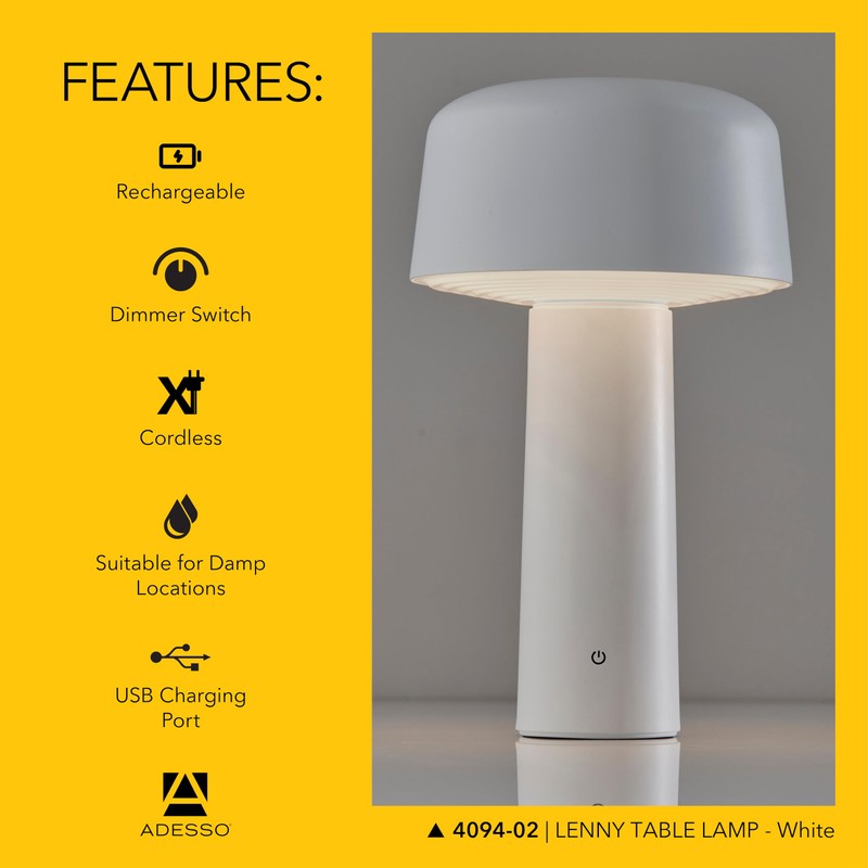 Adesso Cordless Table Lamp with 3-Level Touch Dimmer & Built-in