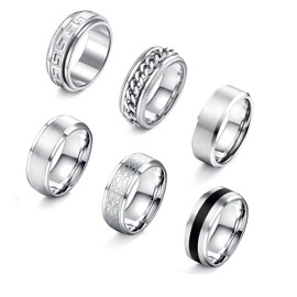 Sanfenly 6PCS Mens Rings 316L Stainless Steel Rings for Men Women Rings Vintage Mens Thumb Rings Silver Engagement Rings Wedding Band Fidget Mens Ring Set
