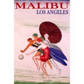 WONDERFULITEMS Malibu Los Angeles Summer Beach Happy Women Playing Ball Sun Umbrella USA Travel 12" x 16" Image Size Vintage Poster repro Canvas Rolled up. We Have Other Sizes