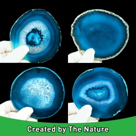Blue Agate Coaster for Coffee Table, Set of 4 Natural Geode Coasters for Drink, 3.5-4" Stone Coaster Agate Decor for Housewarming Birthday Wedding Gift Mother's Day (Blue)