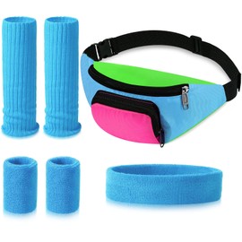 Xuniea 6 Pcs 80s 90s Workout Costumes Neon Leg Warmers Headband Wristbands Fanny Pack for 80s 90s Theme Party(Blue)