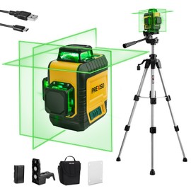 PREXISO 3 X 360° Laser Level with Tripod - Rechargeable 82Ft Cross Line Leveler, Green Line Laser Level Self Leveling for Construction, Tile, Home Renovation with Magnetic Base, Iron Plate, Bag