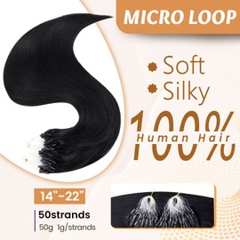 RUNATURE Black Micro Bead Hair Extensions Real Human Hair #1 Black Microlink Hair Extensions Human Hair Cold Fusion Micro Link Hair Extensions Remy Micro Beads Hair Extensions Soft 20 Inch 50g 50s