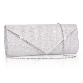 Larcenciel Women's Glitter Evening Bag, Shoulder Bag with Removable Chain, Fashionable Handbag, Elegant Envelope Bag, Chain Bag, Shoulder Bags for Prom, Party, silver