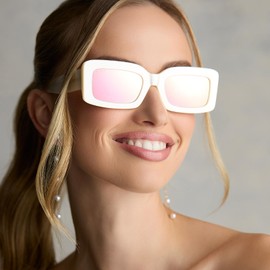 DIFF Indy Designer Rectangular Sunglasses for Women UV400, Opaline + Taupe Mirror