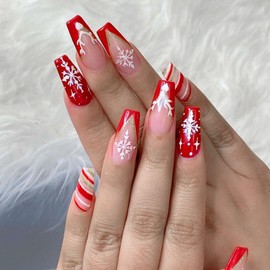 Christmas Press on Nails Medium Coffin Fake Nails with White Snowflake Elk Designs Red French Tip Nails Press ons Glossy Glue on Nails Nude False Nails Artificial Stick on Nails for Women 24Pcs