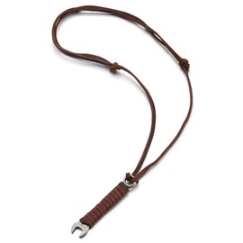 COOLSTEELANDBEYOND Leather Wrapped Key Pendant, Brown Leather Cord Necklace for Men, Industrial Style Jewellery, Brown leather, No Gemstone