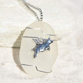 Genuine Sea Glass Necklace with a Silver Flying Pig Charm - Choose Your Color Sea Glass Frosted, Green, Brown, or Aqua - Made to Order