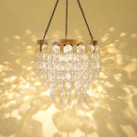HUYIENO Solar Powered Hanging Chandelier Gold Metal Frame Acrylic Crystal Waterproof Outdoor Hanging Light for Patio, Wedding, Party, Garden Decor Rechargeable LED Pendant Lamp