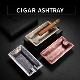 Stainless Steel Cigar Ashtray with Unbreakable Wide Ring Caliber Holder and Exquisite Engravings for Cigar Lovers (Silver)