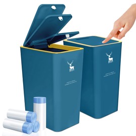 Hsxfl Trash Can with Lid, 2 Pack 4 Gallons/15 L Garbage Can with Press Top, Small Trash Can Dog Proof, Plastic Trash Bin, Waste Basket for Bathroom Kitchen Bedroom Office Living Room Study (Green)