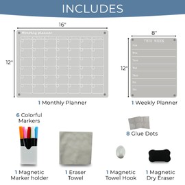 2 Pack Magnetic Acrylic Calendar for Fridge,12"x16" Clear Fridge Calendar and 12"x8" Weekly Meal Magnetic Planning Board, Set Includes 6 Colorful Markers,Pen Holder,Dry Eraser,Erase Towel,Towel Hook