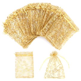 Organza Gift Bags 100Pcs Gold Sheer Organza Bag 4x6 Inch Mesh Favor Bags Drawstring Jewelry Rattan Printed Gift Pouches for Wedding Party Favors Baby Shower Christmas Gifts Candy Bags