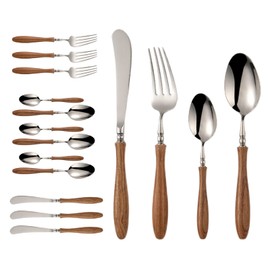Uniturcky 16 PCS Stainless Steel Flatware Set with Wood Handle, Family Cutlery Set for 4, Dinnerware Set with Spoon Fork Knife, PearWood Handle Silverware Utensils, Mirror Polished